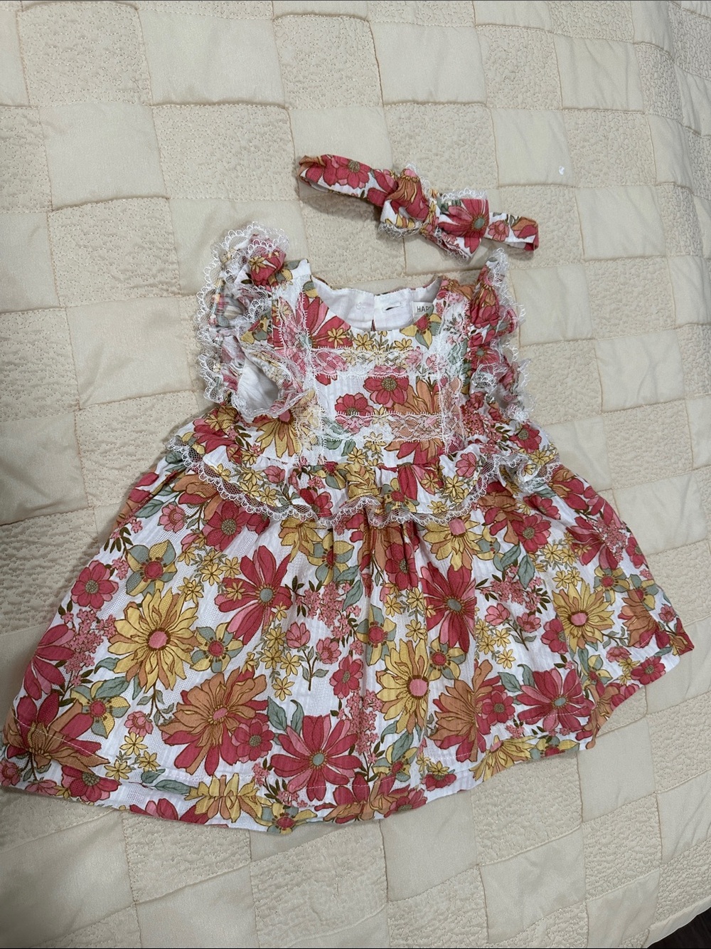 Floral Ruffle Baby Dress with Matching Headband - White, pink & Yellow